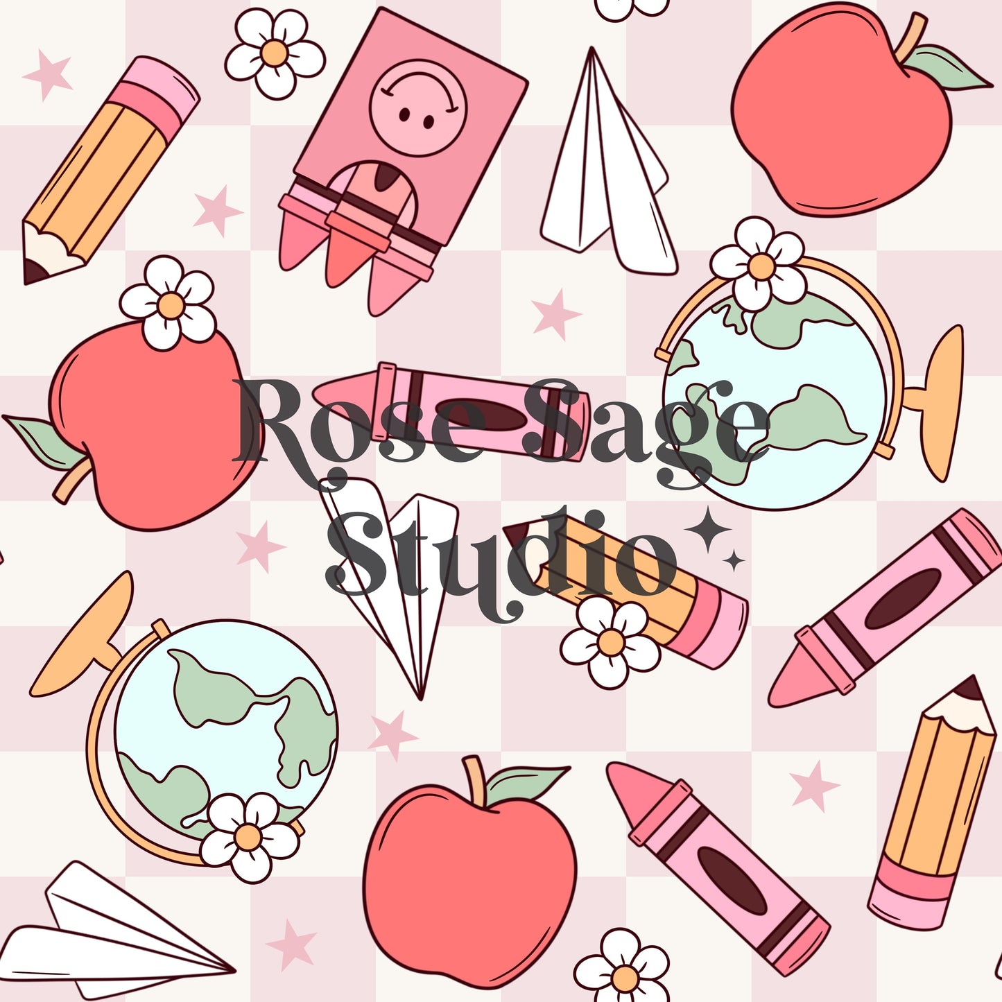 Back to School Seamless Pattern, School Checkered Seamless File, Girl Seamless Pattern, Smile Face Crayons Seamless File