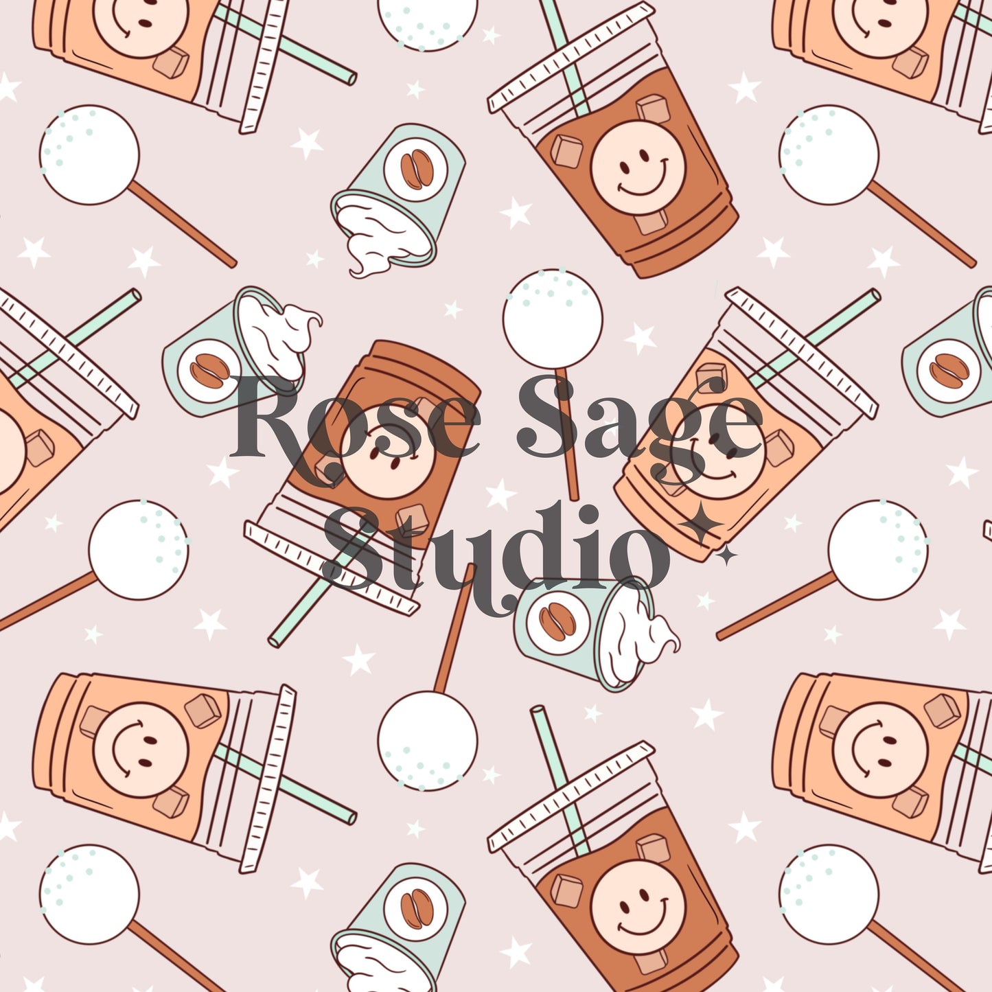 Coffee Seamless File, Iced Coffee Cake Pop Seamless Pattern, Retro Smile Face Seamless Pattern