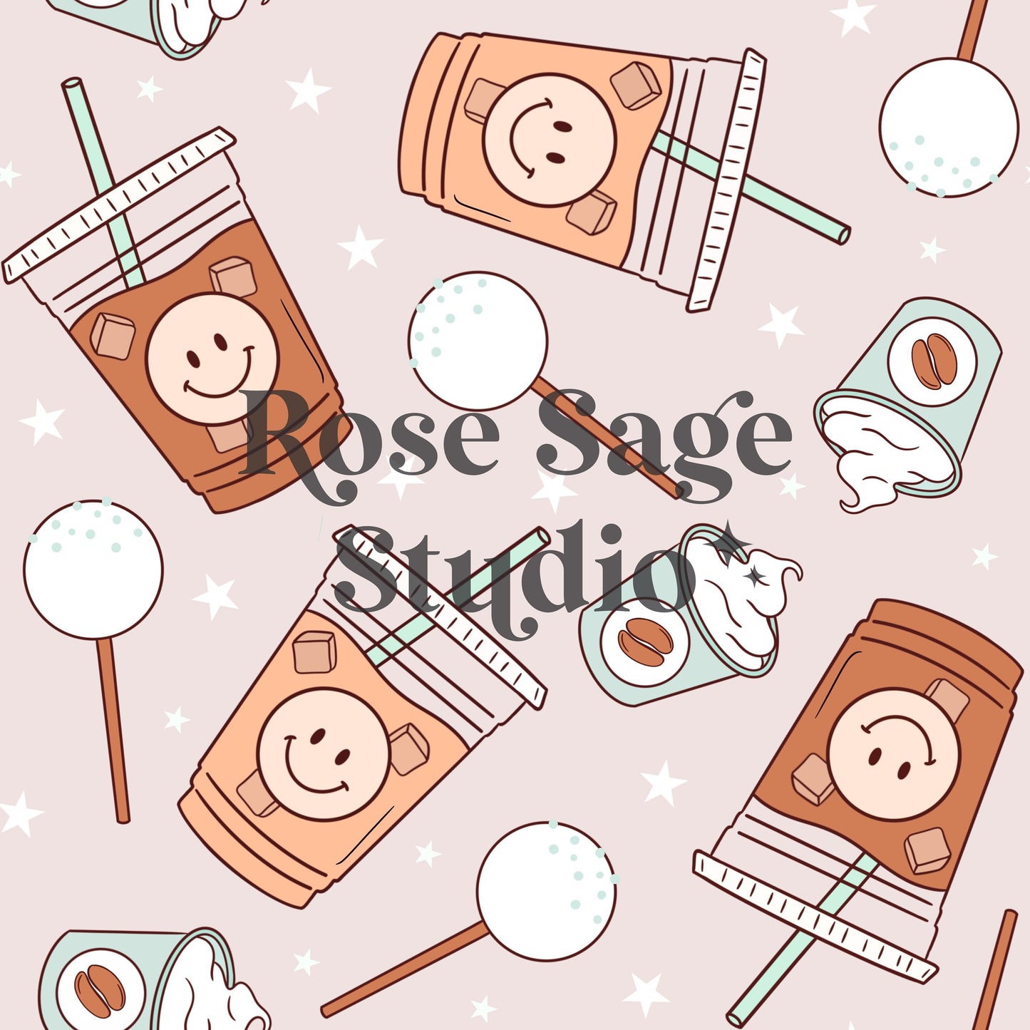 Coffee Seamless File, Iced Coffee Cake Pop Seamless Pattern, Retro Smile Face Seamless Pattern