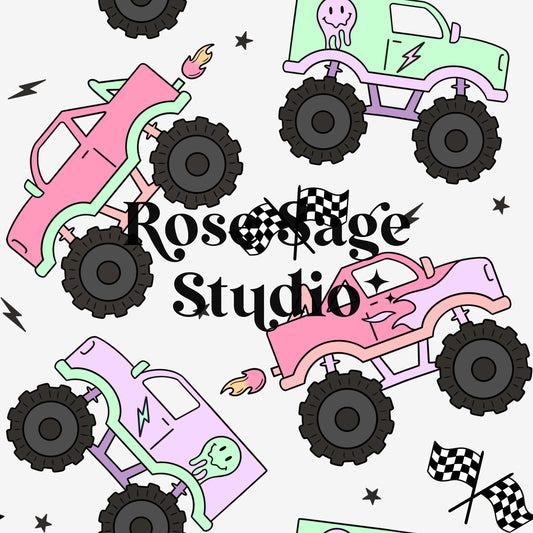 Monster Truck Seamless File, Girl Seamless Pattern, Truck Smiley Seamless Surface Pattern, Monster Trucks Surface Pattern