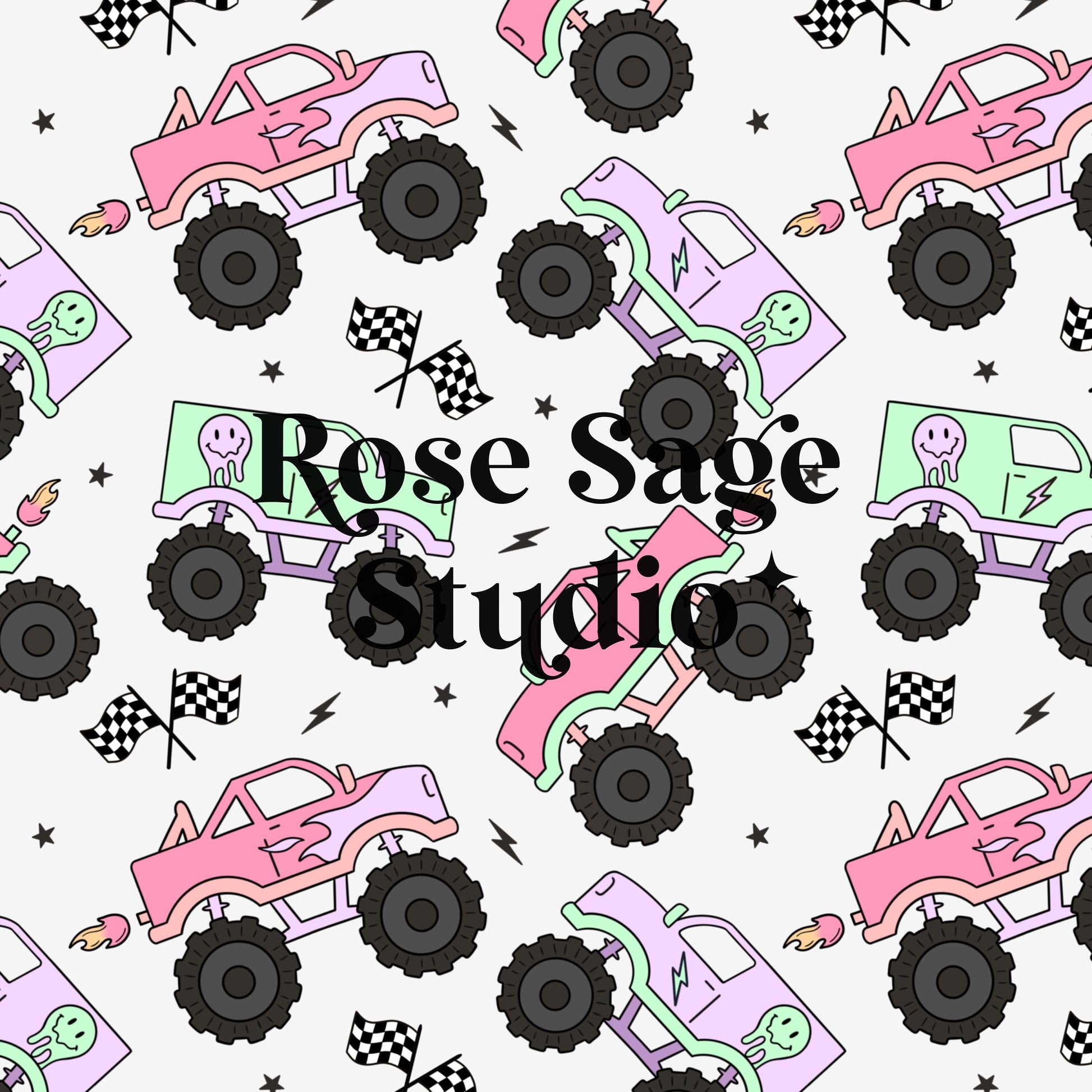 Monster Truck Seamless File, Girl Seamless Pattern, Truck Smiley Seamless Surface Pattern, Monster Trucks Surface Pattern