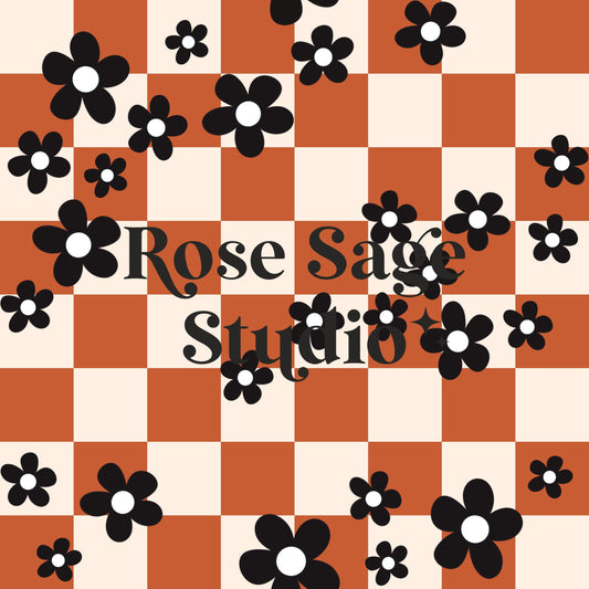 Retro Fall Checkered Flower Seamless Pattern, Halloween Orange Checkered Black Floral Seamless Pattern File, Retro Autumn Girl Seamless