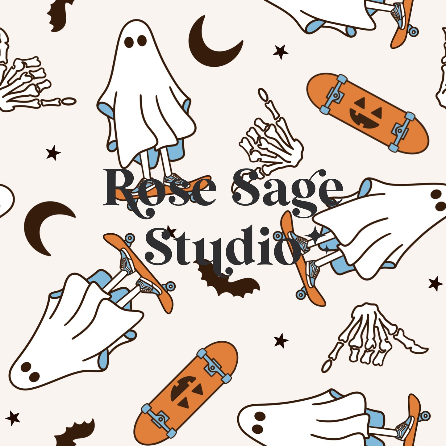 Retro Spooky Ghost Seamless Pattern, Retro Halloween Boy Seamless Design File, Retro Ghost Skateboarding Seamless, Pumpkin Skull Bat Moon